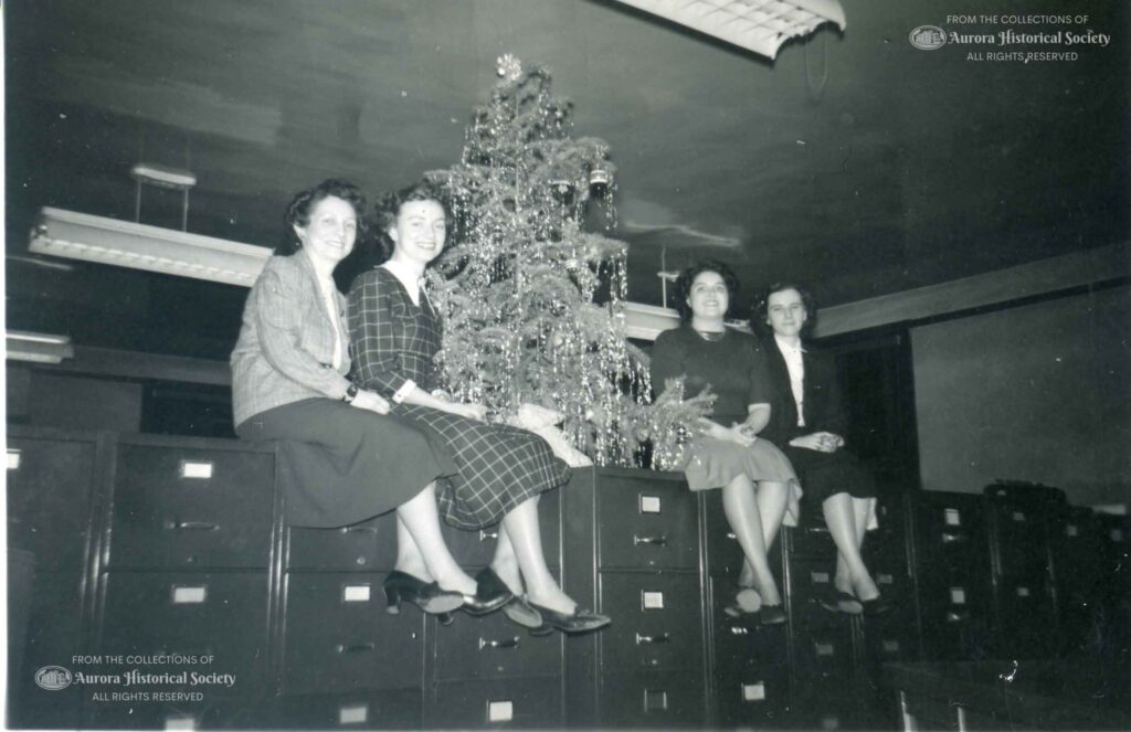 Burlington Railroad office employees Thelma Karl Evelyn Rackmyer Elnora Burkhardt Barbara Bowman December 1949